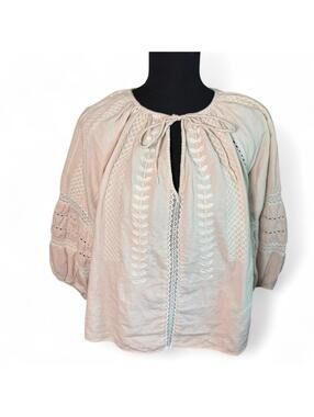 Mango Pale Pink Cotton Poet Blouse with White Embroidered Details sz 6